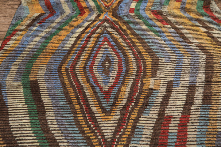 8x10 Ivory, Gold, Brown Color Hand Knotted Moroccan Wool Modern & Contemporary Oriental Rug