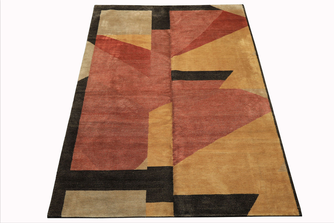 6x9 Rust, Gold, Charcoal Color Hand Knotted Tibetan Wool & Silk Modern & Contemporary Oriental Rug