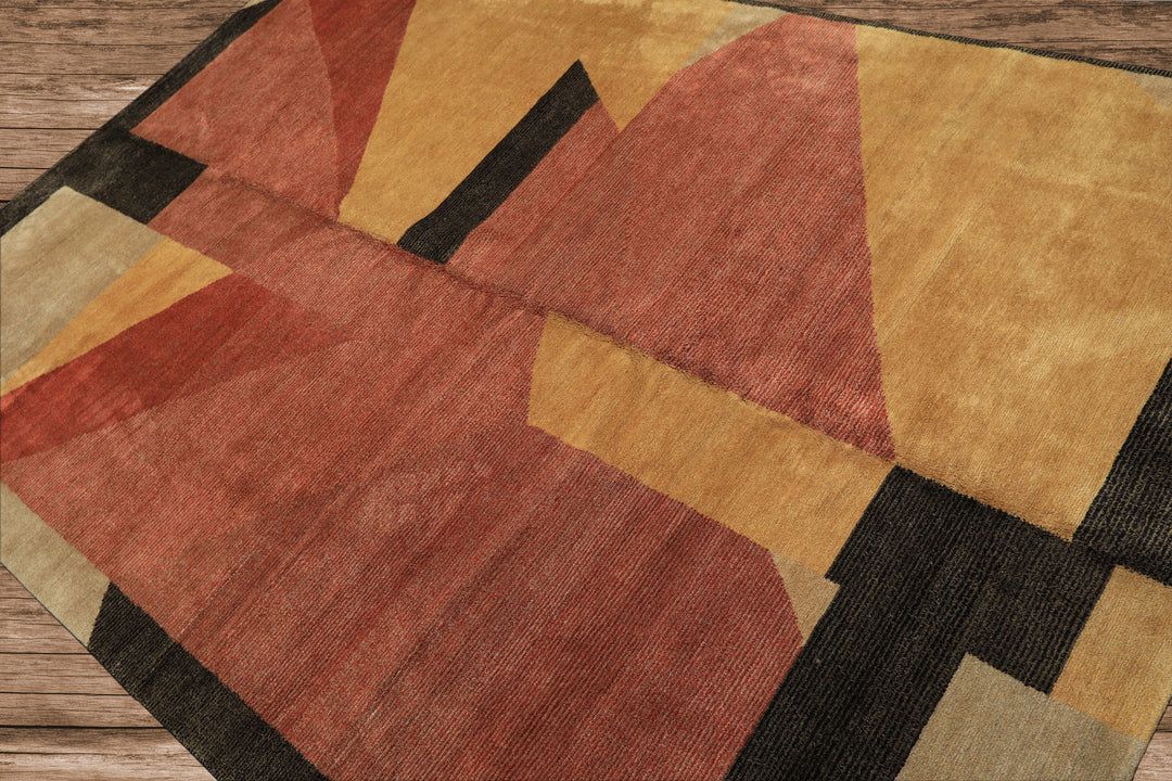6x9 Rust, Gold, Charcoal Color Hand Knotted Tibetan Wool & Silk Modern & Contemporary Oriental Rug