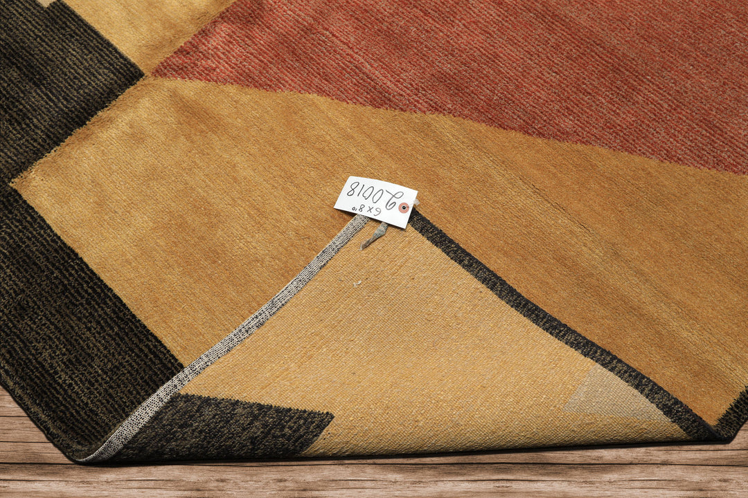 6x9 Rust, Gold, Charcoal Color Hand Knotted Tibetan Wool & Silk Modern & Contemporary Oriental Rug