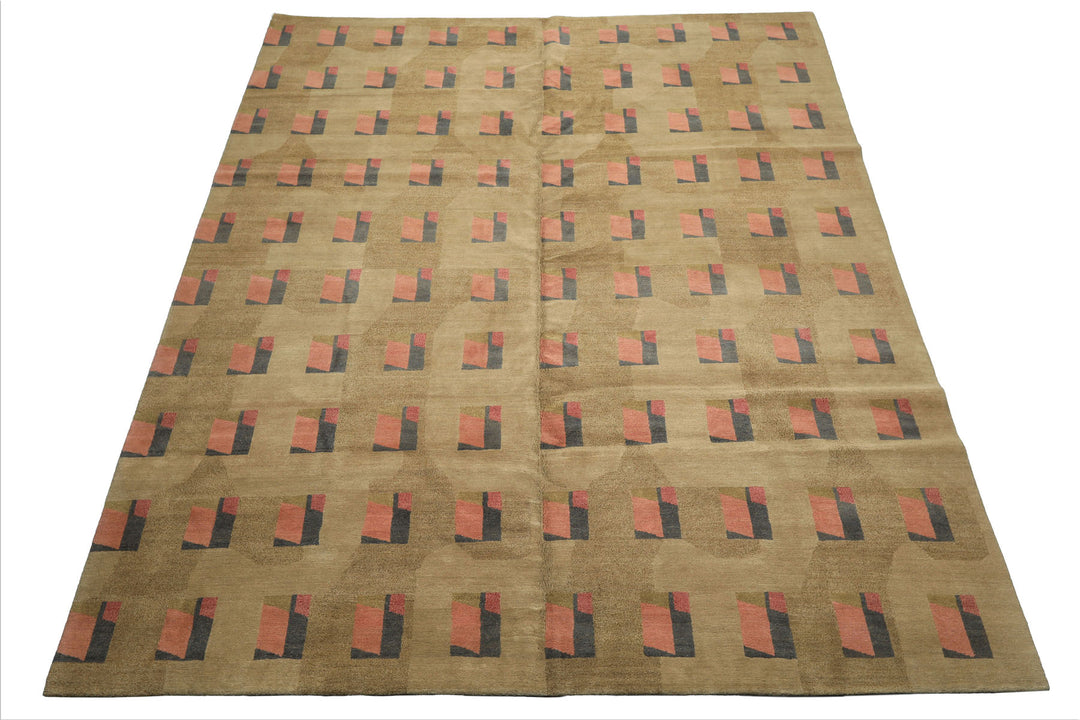 8x10 Moss, Blush, Gray Color Hand Knotted Tibetan Wool & Silk Modern & Contemporary Oriental Rug