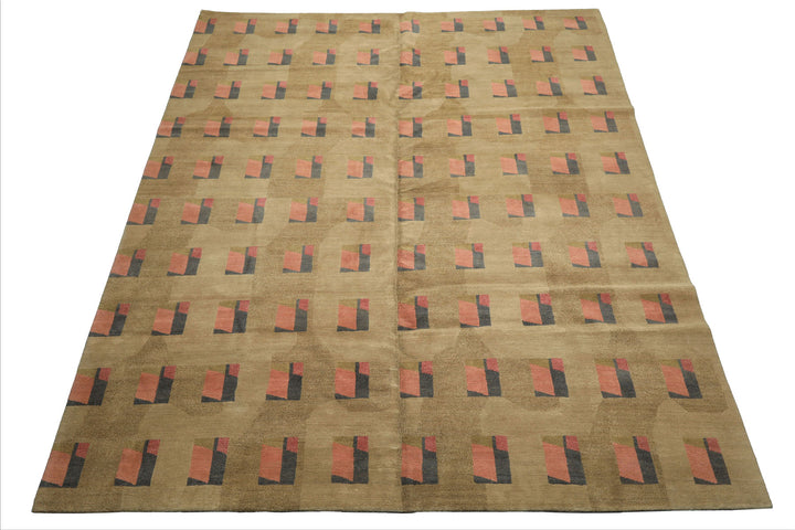8x10 Moss, Blush, Gray Color Hand Knotted Tibetan Wool & Silk Modern & Contemporary Oriental Rug