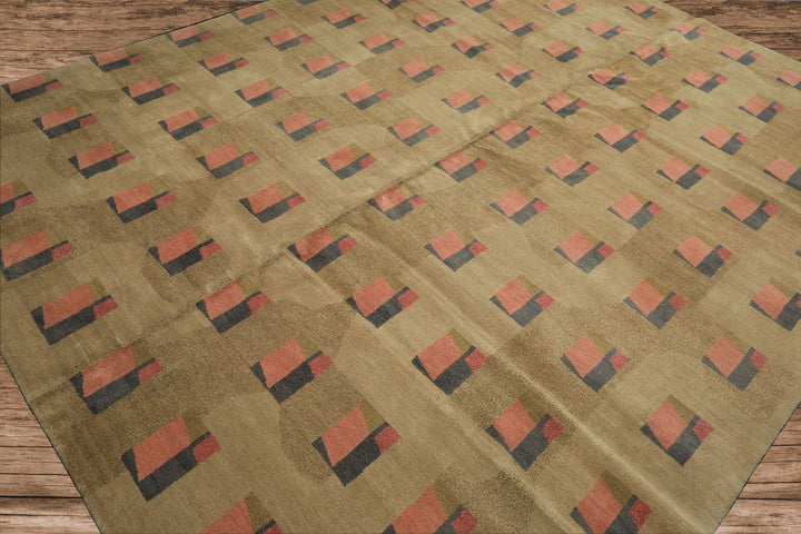 8x10 Moss, Blush, Gray Color Hand Knotted Tibetan Wool & Silk Modern & Contemporary Oriental Rug