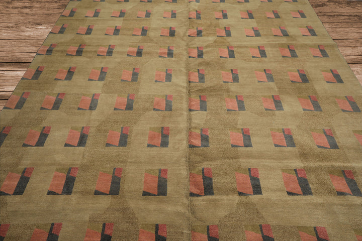 8x10 Moss, Blush, Gray Color Hand Knotted Tibetan Wool & Silk Modern & Contemporary Oriental Rug