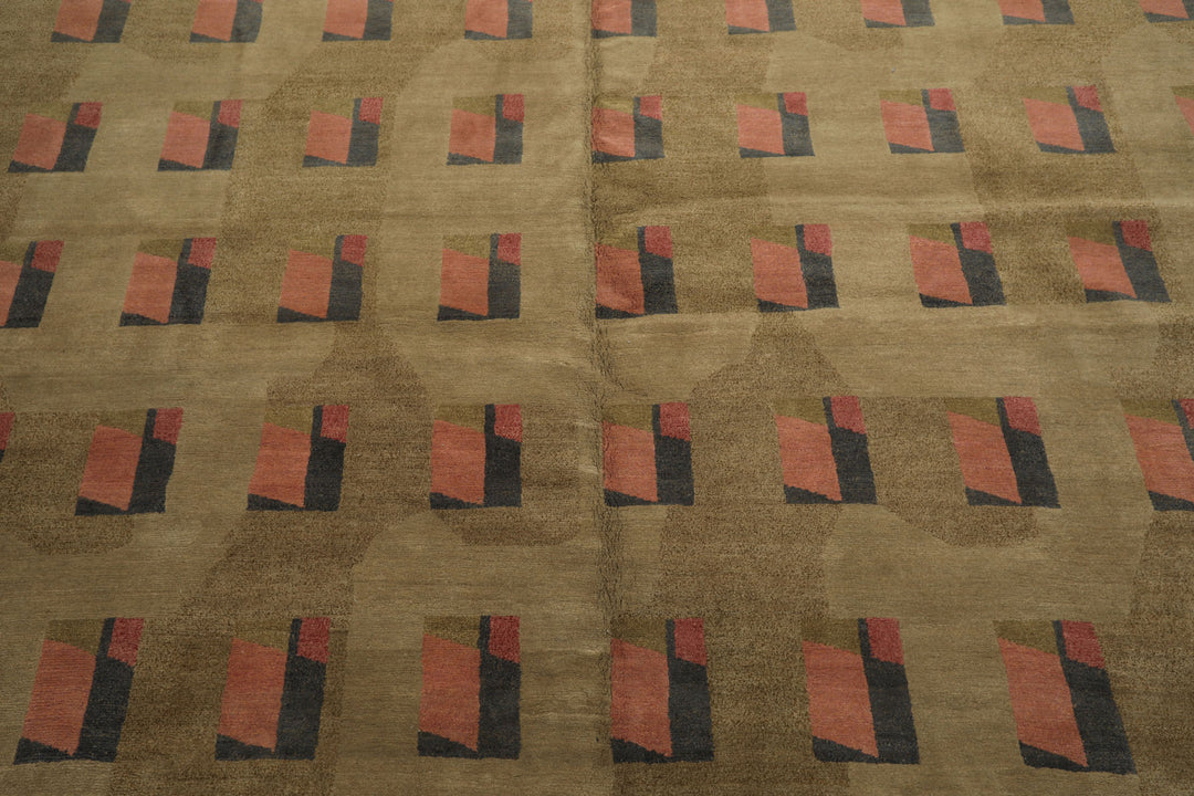 8x10 Moss, Blush, Gray Color Hand Knotted Tibetan Wool & Silk Modern & Contemporary Oriental Rug