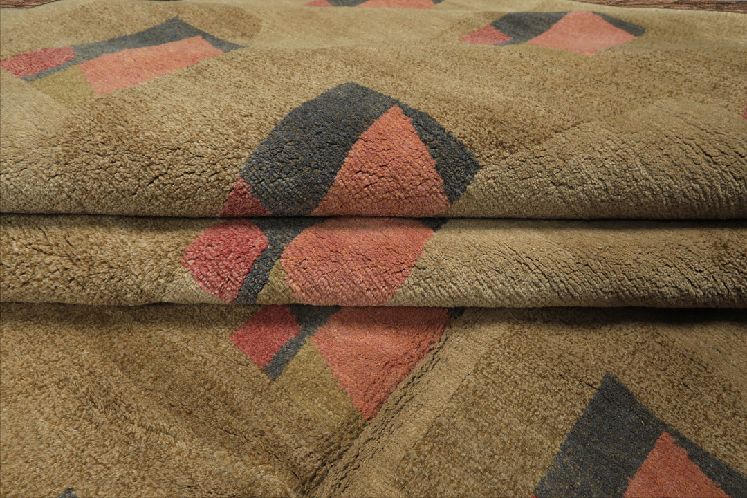 8x10 Moss, Blush, Gray Color Hand Knotted Tibetan Wool & Silk Modern & Contemporary Oriental Rug