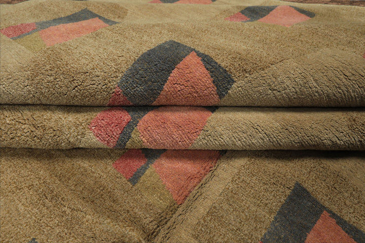 8x10 Moss, Blush, Gray Color Hand Knotted Tibetan Wool & Silk Modern & Contemporary Oriental Rug