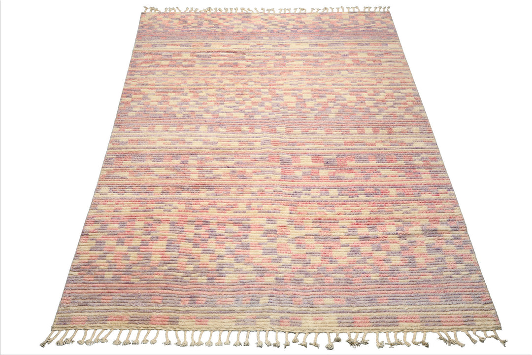 8x10 Ivory, Blush, Lavender Color Hand Knotted Moroccan Wool Modern & Contemporary Oriental Rug