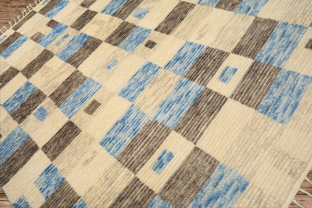 8x10 Ivory, Blue, Brown Color Hand Knotted Moroccan Wool Modern & Contemporary Oriental Rug