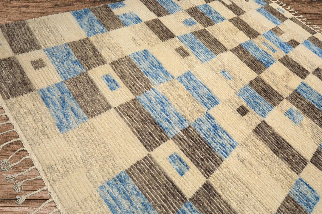 8x10 Ivory, Blue, Brown Color Hand Knotted Moroccan Wool Modern & Contemporary Oriental Rug