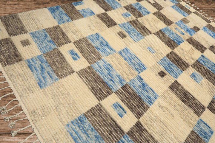 8x10 Ivory, Blue, Brown Color Hand Knotted Moroccan Wool Modern & Contemporary Oriental Rug