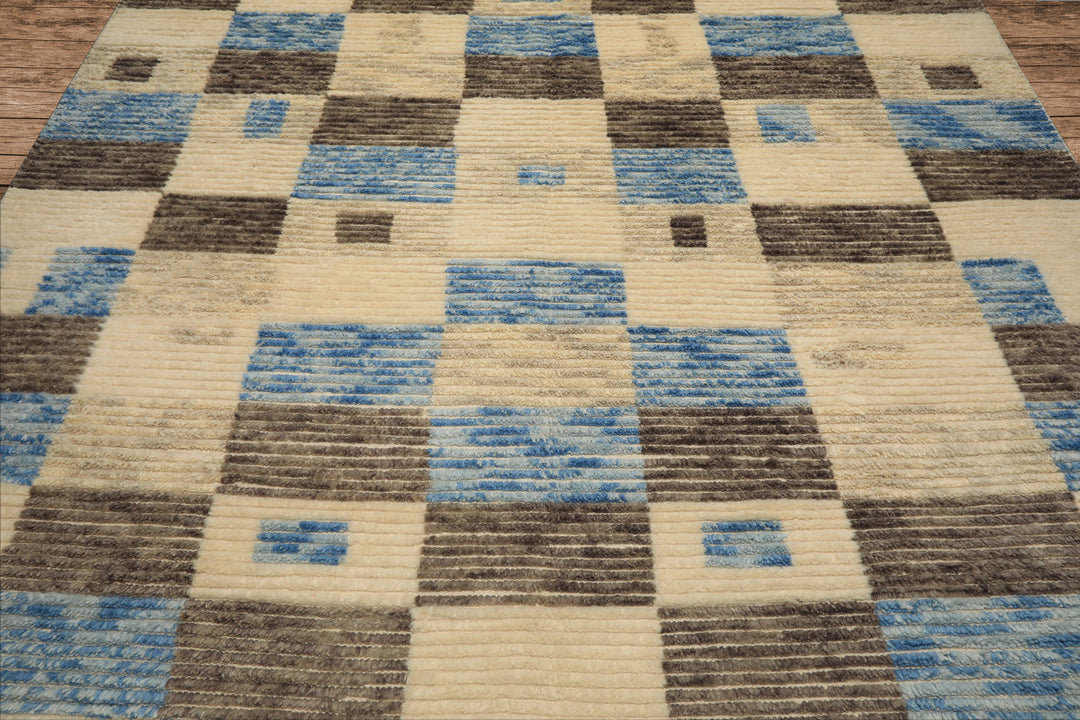 8x10 Ivory, Blue, Brown Color Hand Knotted Moroccan Wool Modern & Contemporary Oriental Rug