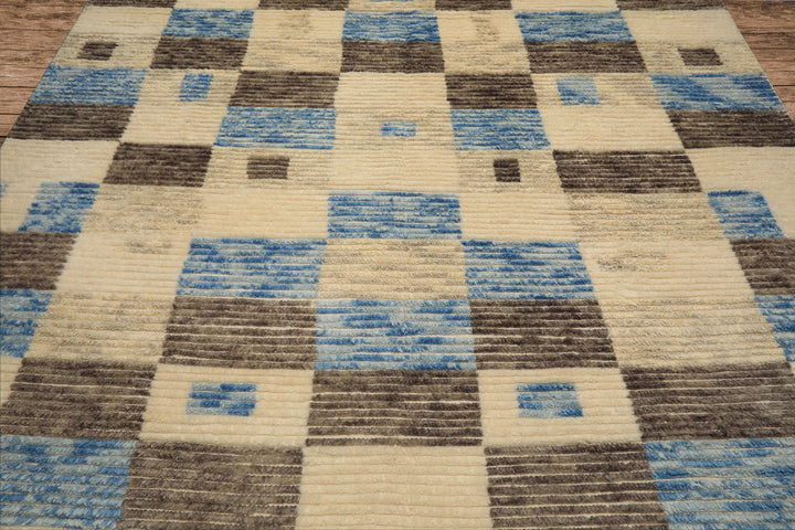 8x10 Ivory, Blue, Brown Color Hand Knotted Moroccan Wool Modern & Contemporary Oriental Rug