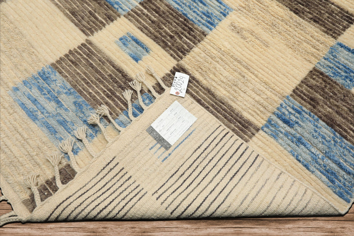 8x10 Ivory, Blue, Brown Color Hand Knotted Moroccan Wool Modern & Contemporary Oriental Rug