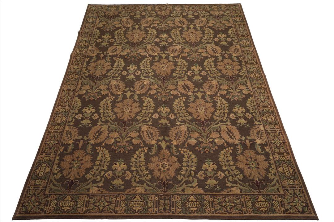9x12 Brown, Tan, Sage Color Hand Knotted French Aubusson Savonnerie Wool Traditional Oriental Rug