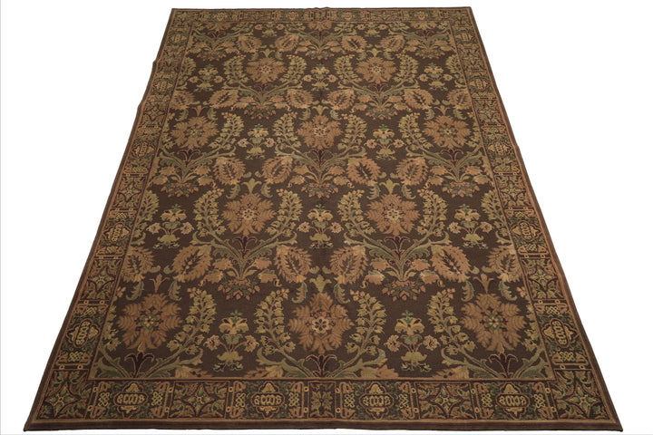 9x12 Brown, Tan, Sage Color Hand Knotted French Aubusson Savonnerie Wool Traditional Oriental Rug