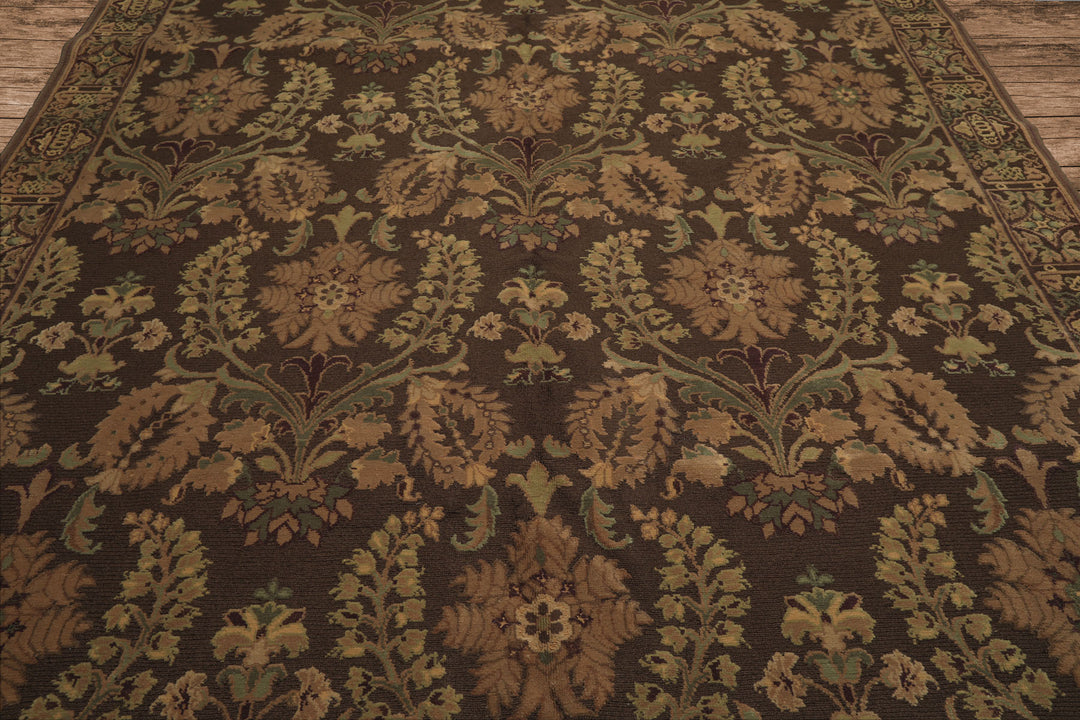 9x12 Brown, Tan, Sage Color Hand Knotted French Aubusson Savonnerie Wool Traditional Oriental Rug