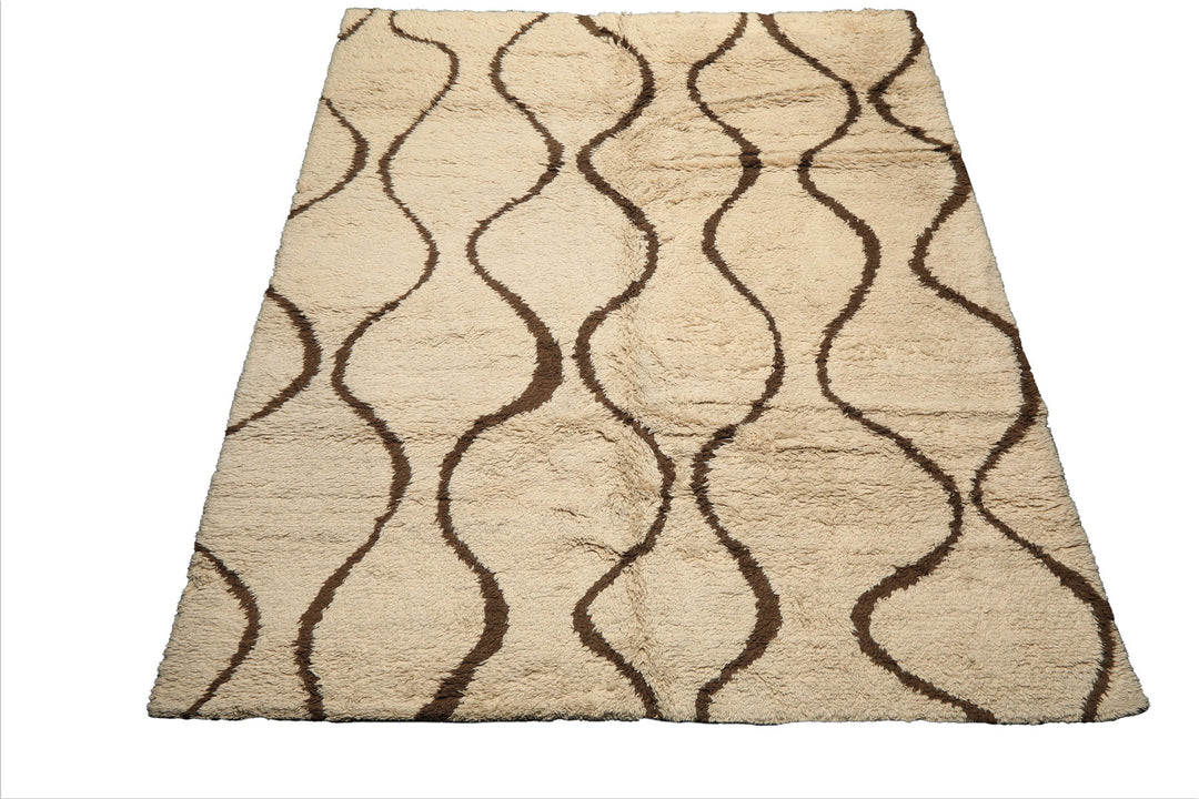 8x10 Ivory, Green, Coral Color Hand Knotted Moroccan Wool Modern & Contemporary Oriental Rug