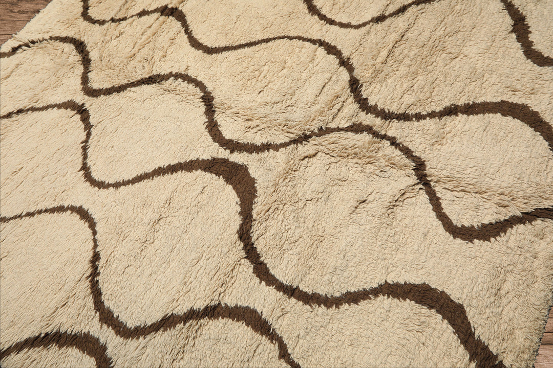 8x10 Ivory, Green, Coral Color Hand Knotted Moroccan Wool Modern & Contemporary Oriental Rug