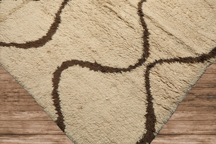 8x10 Ivory, Green, Coral Color Hand Knotted Moroccan Wool Modern & Contemporary Oriental Rug