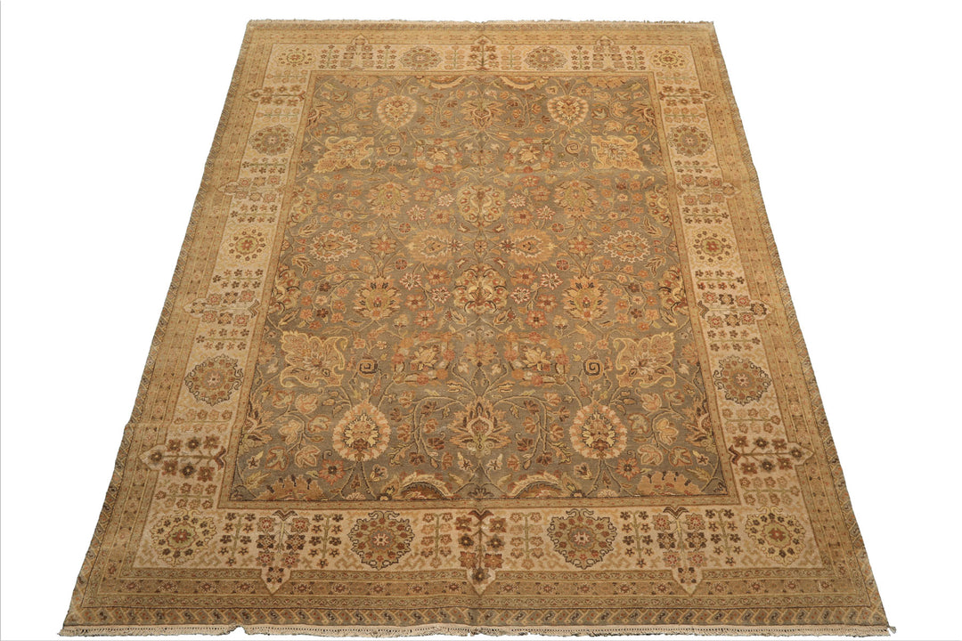 8x10 Gray, Beige, Gold Color Hand Knotted Agra Wool Traditional Oriental Rug