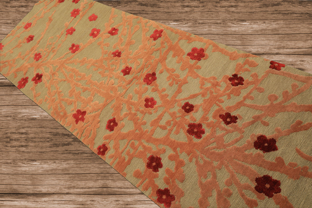 Runner Mint, Peach, Red Color Hand Knotted Tibetan Wool & Silk Transitional Oriental Rug