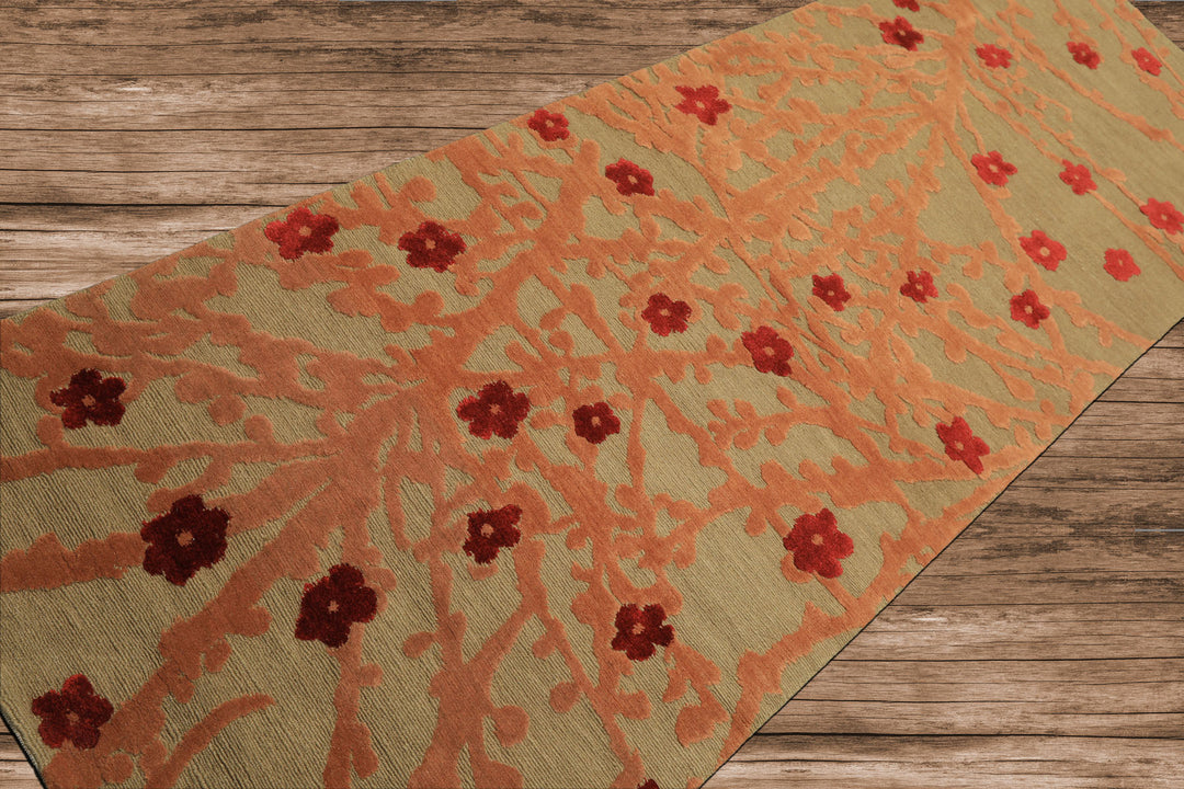 Runner Mint, Peach, Red Color Hand Knotted Tibetan Wool & Silk Transitional Oriental Rug