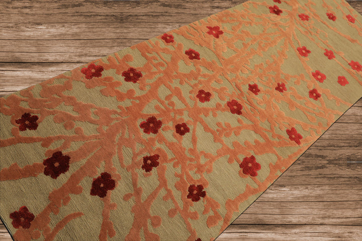 Runner Mint, Peach, Red Color Hand Knotted Tibetan Wool & Silk Transitional Oriental Rug