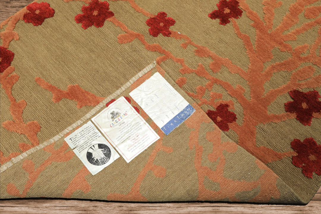 Runner Mint, Peach, Red Color Hand Knotted Tibetan Wool & Silk Transitional Oriental Rug