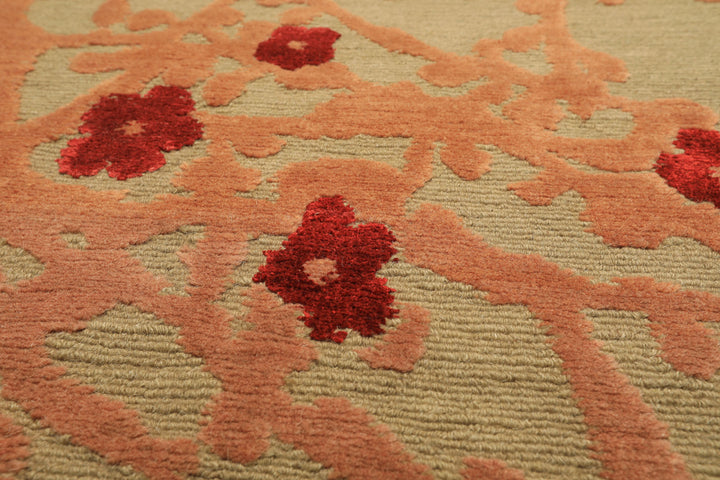 Runner Mint, Peach, Red Color Hand Knotted Tibetan Wool & Silk Transitional Oriental Rug