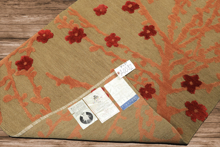 Runner Mint, Peach, Red Color Hand Knotted Tibetan Wool & Silk Transitional Oriental Rug