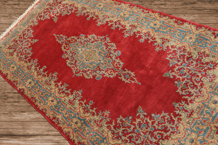 4x7 Coral, Aqua, Gold Color Hand Knotted Kerman Wool Traditional Oriental Rug