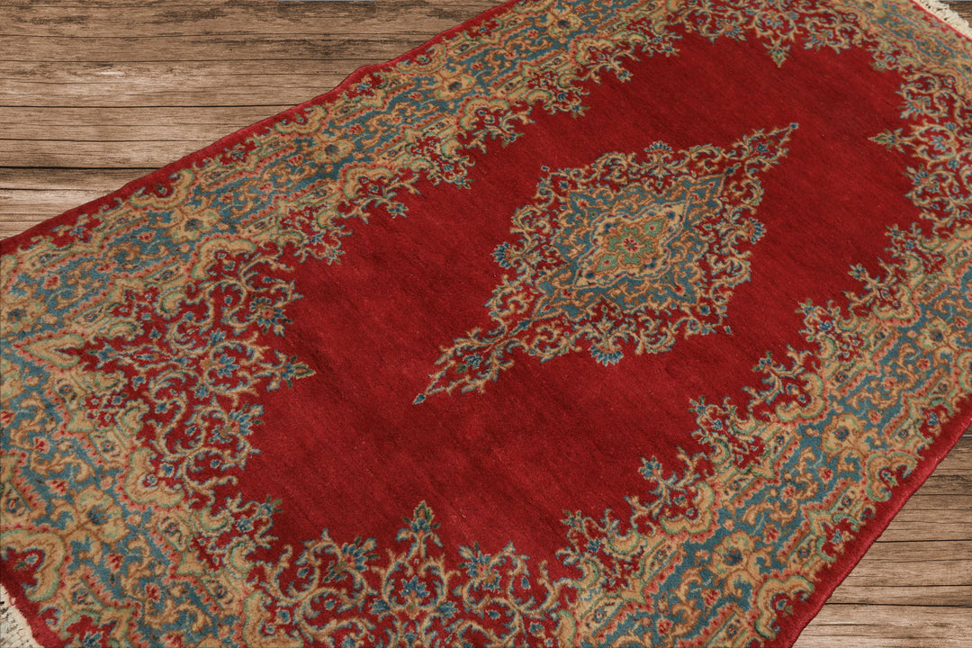 4x7 Coral, Aqua, Gold Color Hand Knotted Kerman Wool Traditional Oriental Rug