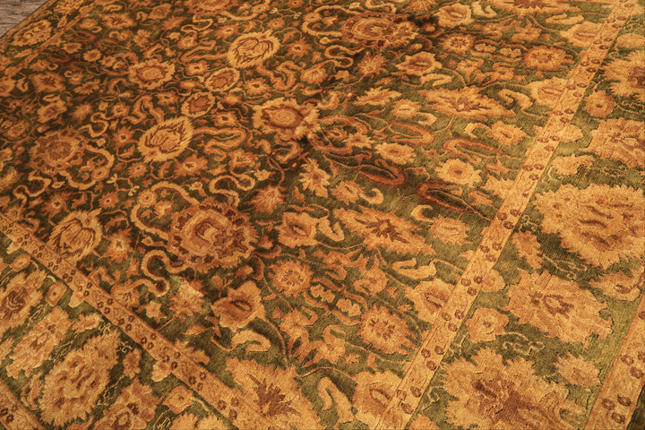 9x12 Green, Gold, Tan Color Hand Knotted Agra Wool Traditional Oriental Rug