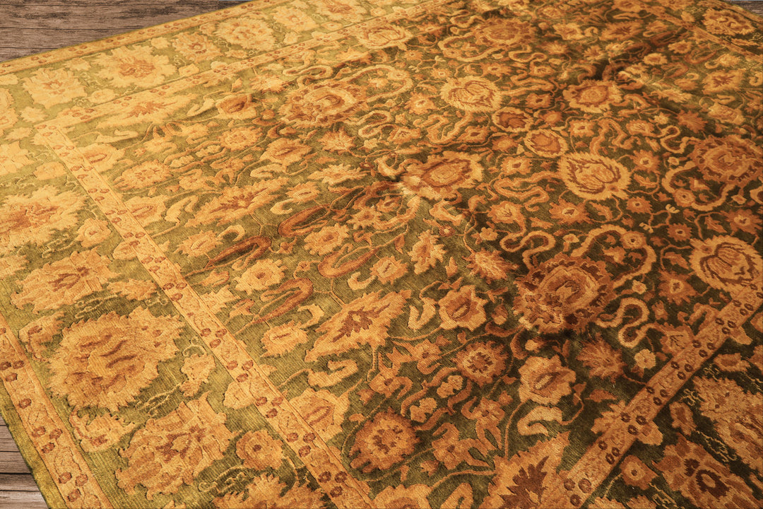 9x12 Green, Gold, Tan Color Hand Knotted Agra Wool Traditional Oriental Rug
