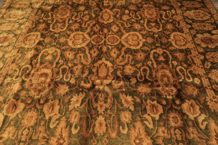 9x12 Green, Gold, Tan Color Hand Knotted Agra Wool Traditional Oriental Rug