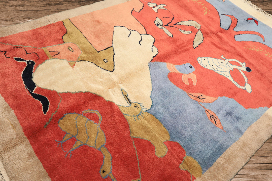 6x9 Coral, Ivory, Gold Color Hand Knotted Gabbeh Wool Modern &amp; Contemporary Oriental Rug