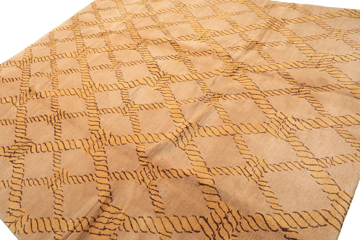 8x10 Tan, Gold, Chocolate Color Hand Knotted Tibetan Wool Transitional Oriental Rug