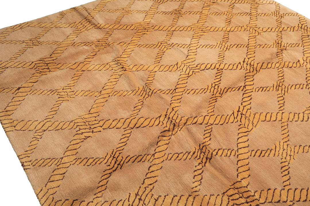 8x10 Tan, Gold, Chocolate Color Hand Knotted Tibetan Wool Transitional Oriental Rug