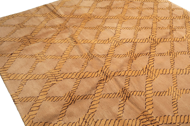 8x10 Tan, Gold, Chocolate Color Hand Knotted Tibetan Wool Transitional Oriental Rug