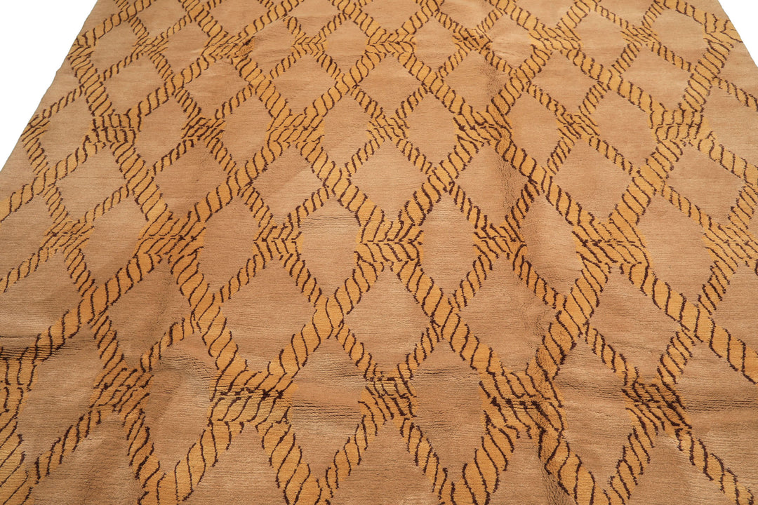 8x10 Tan, Gold, Chocolate Color Hand Knotted Tibetan Wool Transitional Oriental Rug