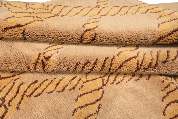 8x10 Tan, Gold, Chocolate Color Hand Knotted Tibetan Wool Transitional Oriental Rug