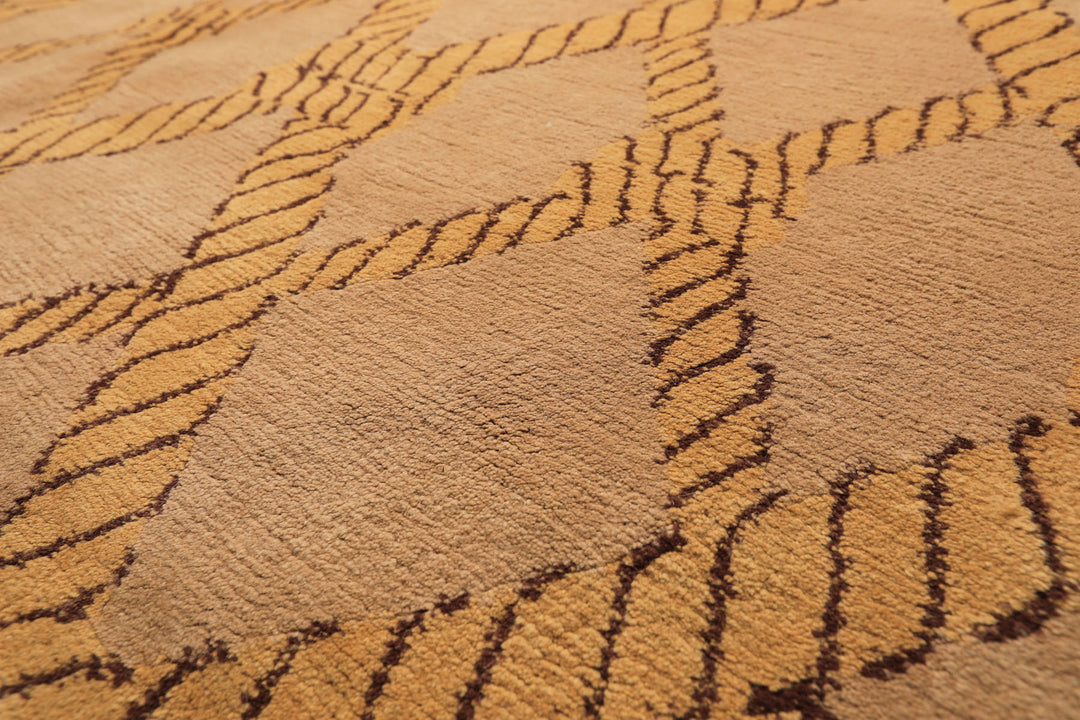 8x10 Tan, Gold, Chocolate Color Hand Knotted Tibetan Wool Transitional Oriental Rug