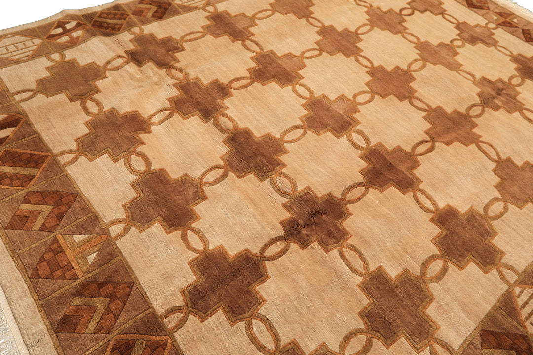 8x10 Beige, Brown, Olive Color Hand Knotted Tibetan Wool  Oriental Rug