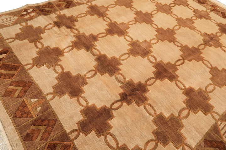8x10 Beige, Brown, Olive Color Hand Knotted Tibetan Wool  Oriental Rug