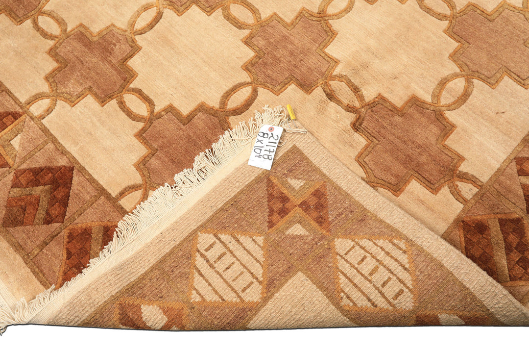 8x10 Beige, Brown, Olive Color Hand Knotted Tibetan Wool  Oriental Rug