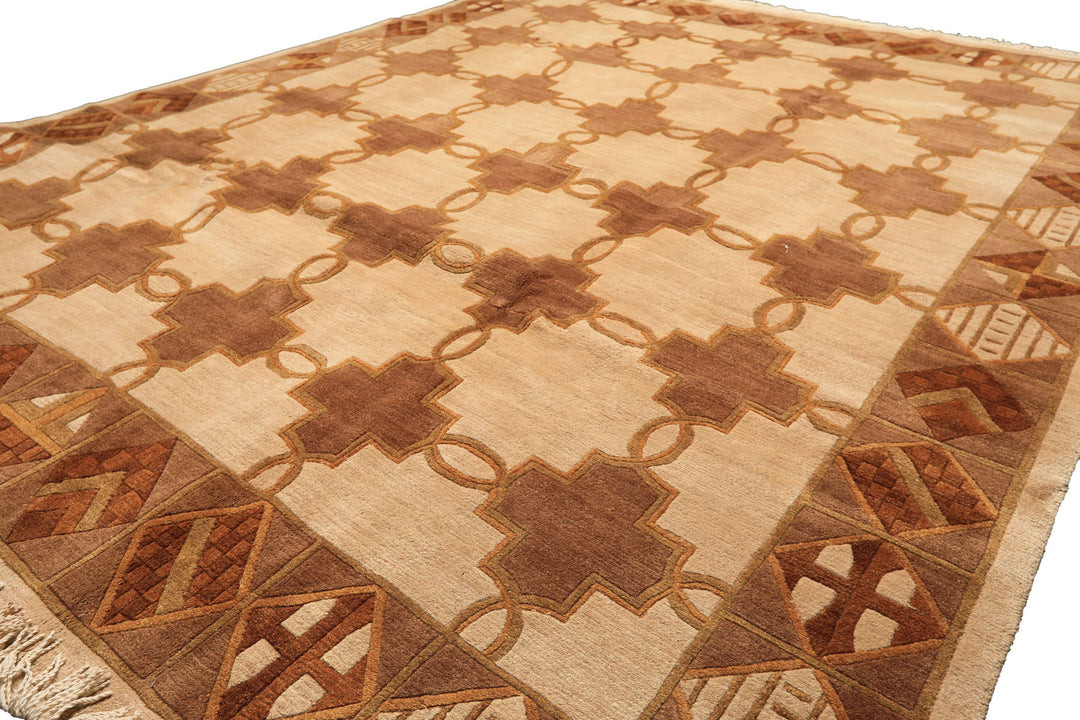 8x10 Beige, Brown, Olive Color Hand Knotted Tibetan Wool  Oriental Rug
