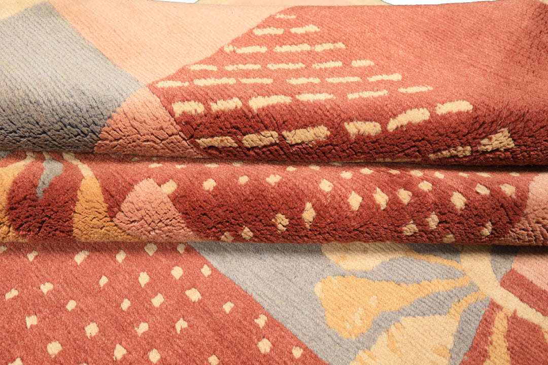 8x10 Blush, Rose, Blue Color Hand Knotted Tibetan Wool Transitional Oriental Rug