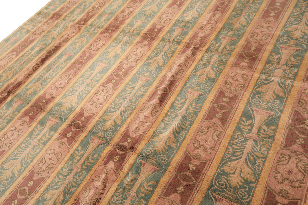 8x10 Blush, Aqua, Gold Color Hand Knotted Tibetan Wool Transitional Oriental Rug