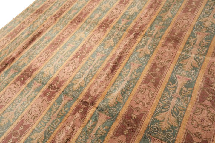 8x10 Blush, Aqua, Gold Color Hand Knotted Tibetan Wool Transitional Oriental Rug